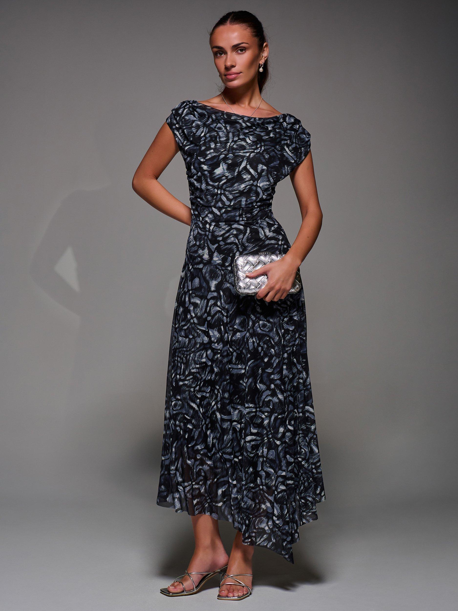 Product image 6 of 7, which shows Jolie Moi Abstract Asymmetric Mesh Dress, Black/Multi, 8