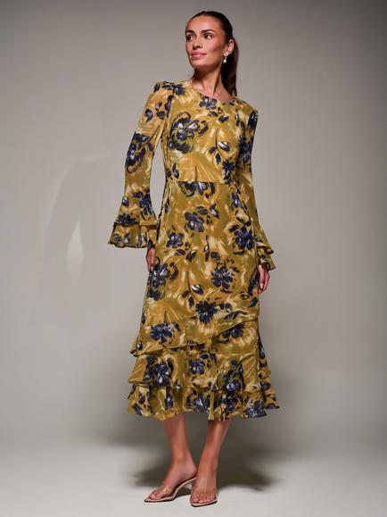 Jolie Moi Floral Frill Chiffon Midaxi Dress, Yellow/Multi, Yellow/Multi