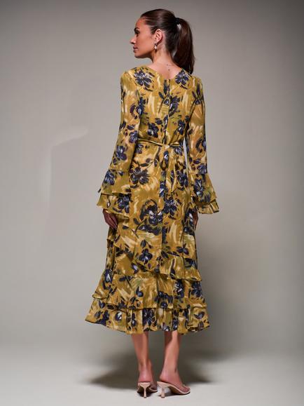 Jolie Moi Floral Frill Chiffon Midaxi Dress, Yellow/Multi - view 2, Yellow/Multi