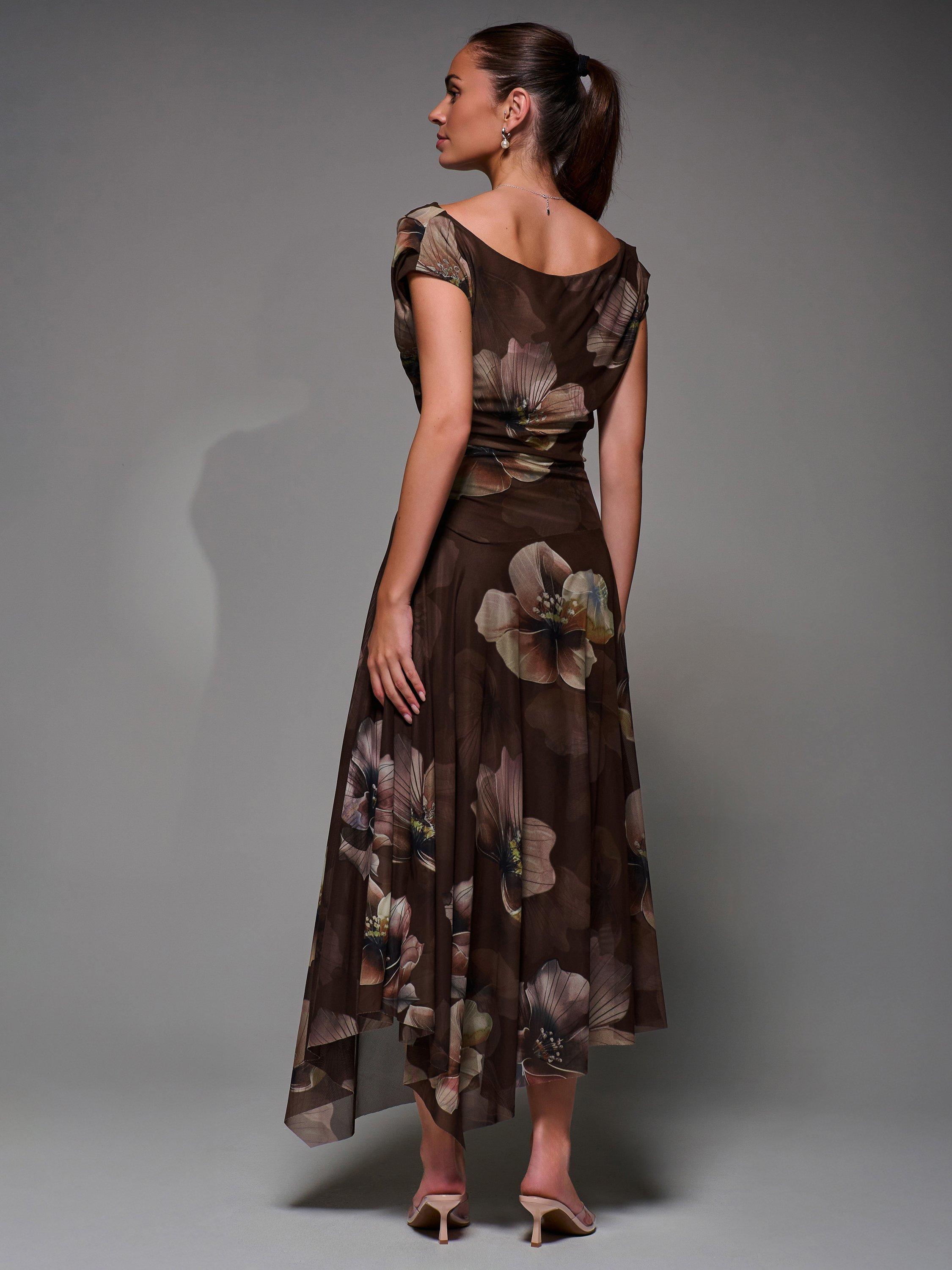 Product image 2 of 7, which shows Jolie Moi Floral Mesh Draped Maxi Dress, Brown/Multi, 8
