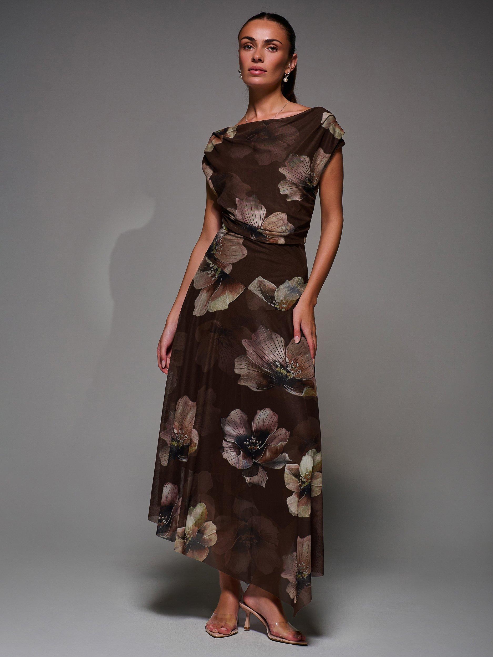 Product image 3 of 7, which shows Jolie Moi Floral Mesh Draped Maxi Dress, Brown/Multi, 8