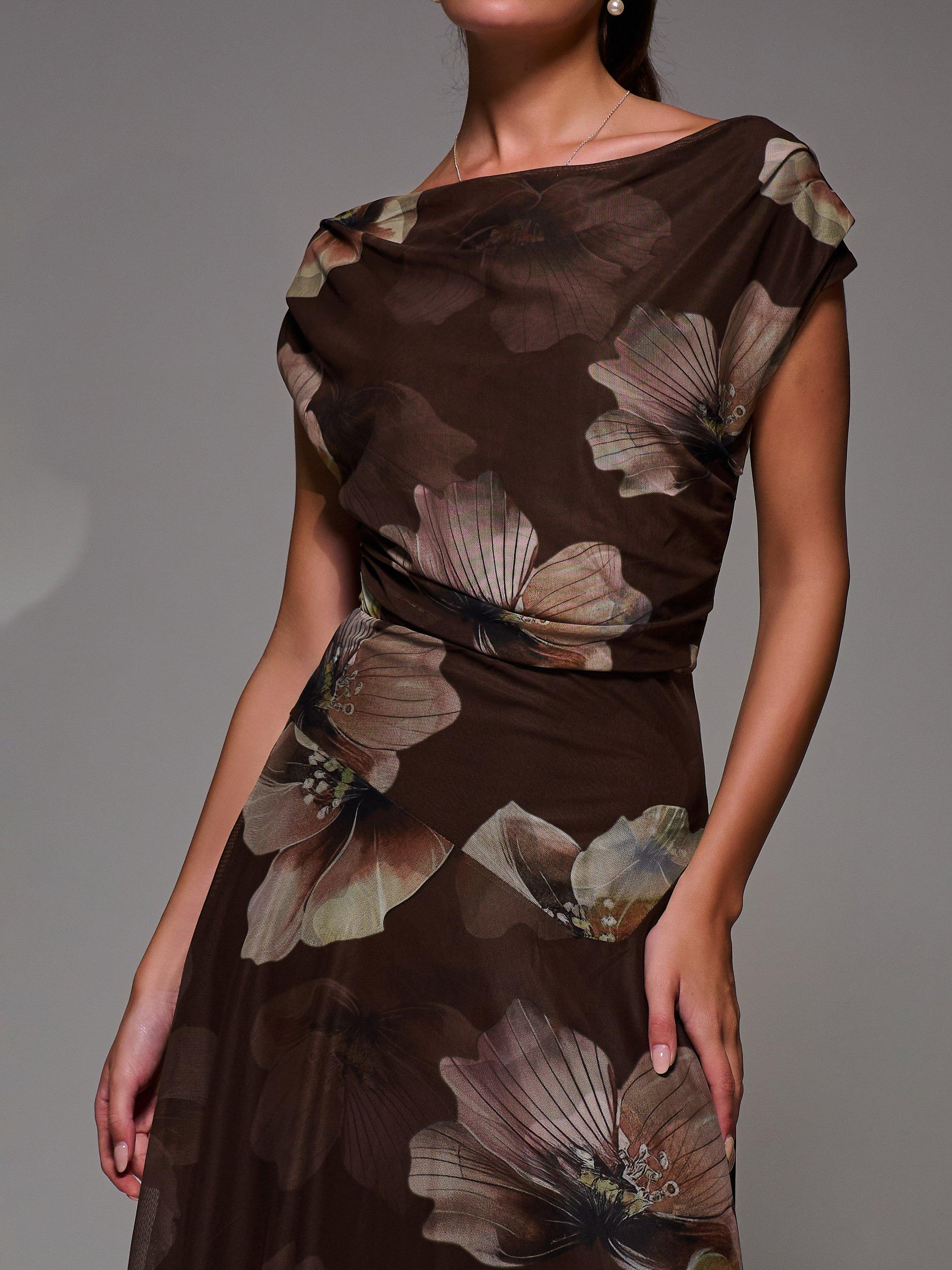 Product image 4 of 7, which shows Jolie Moi Floral Mesh Draped Maxi Dress, Brown/Multi, 8