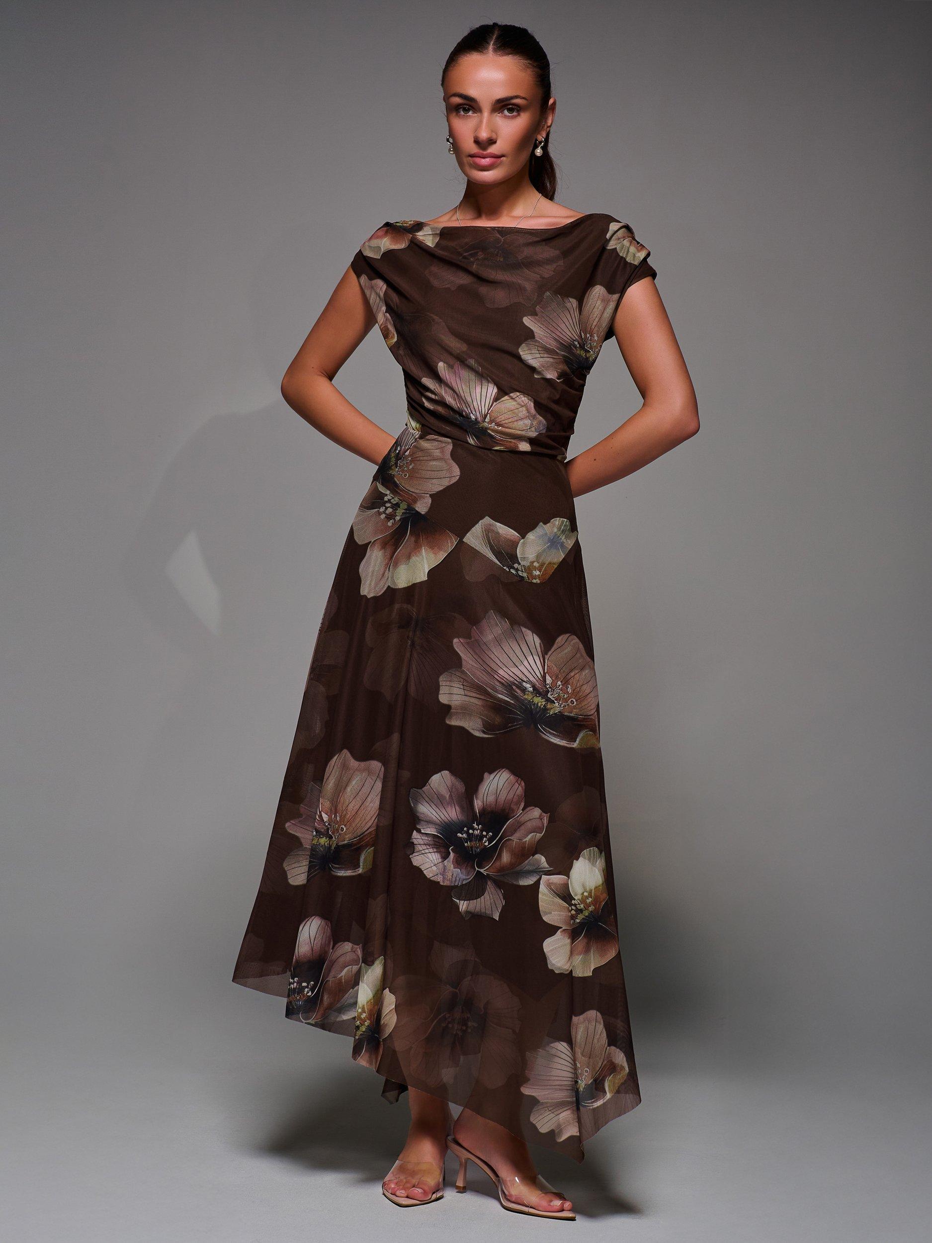 Product image 5 of 7, which shows Jolie Moi Floral Mesh Draped Maxi Dress, Brown/Multi, 8