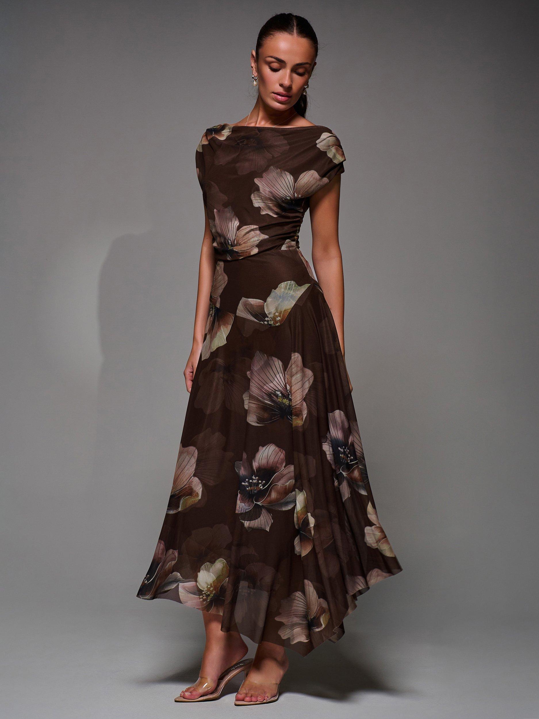 Product image 7 of 7, which shows Jolie Moi Floral Mesh Draped Maxi Dress, Brown/Multi, 8