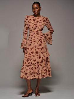 Jolie Moi Floral Chiffon Frill Midaxi Dress, Coral/Multi, Coral/Multi