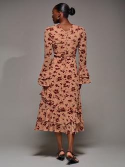 Jolie Moi Floral Chiffon Frill Midaxi Dress, Coral/Multi - view 2, Coral/Multi