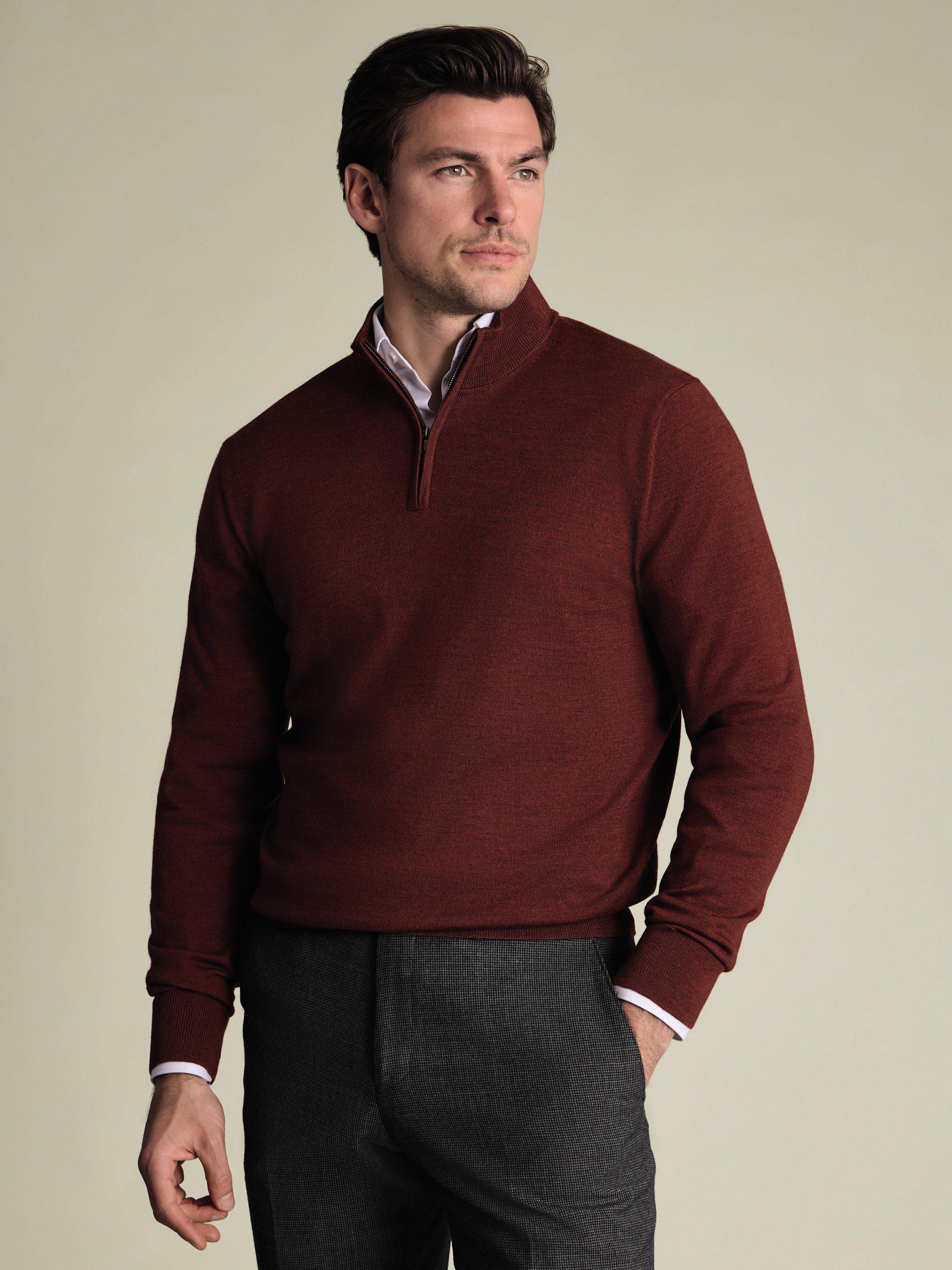 Product image 1 of 5, which shows Charles Tyrwhitt Merino Wool Quarter-Zip Jumper, Burnt Orange, S