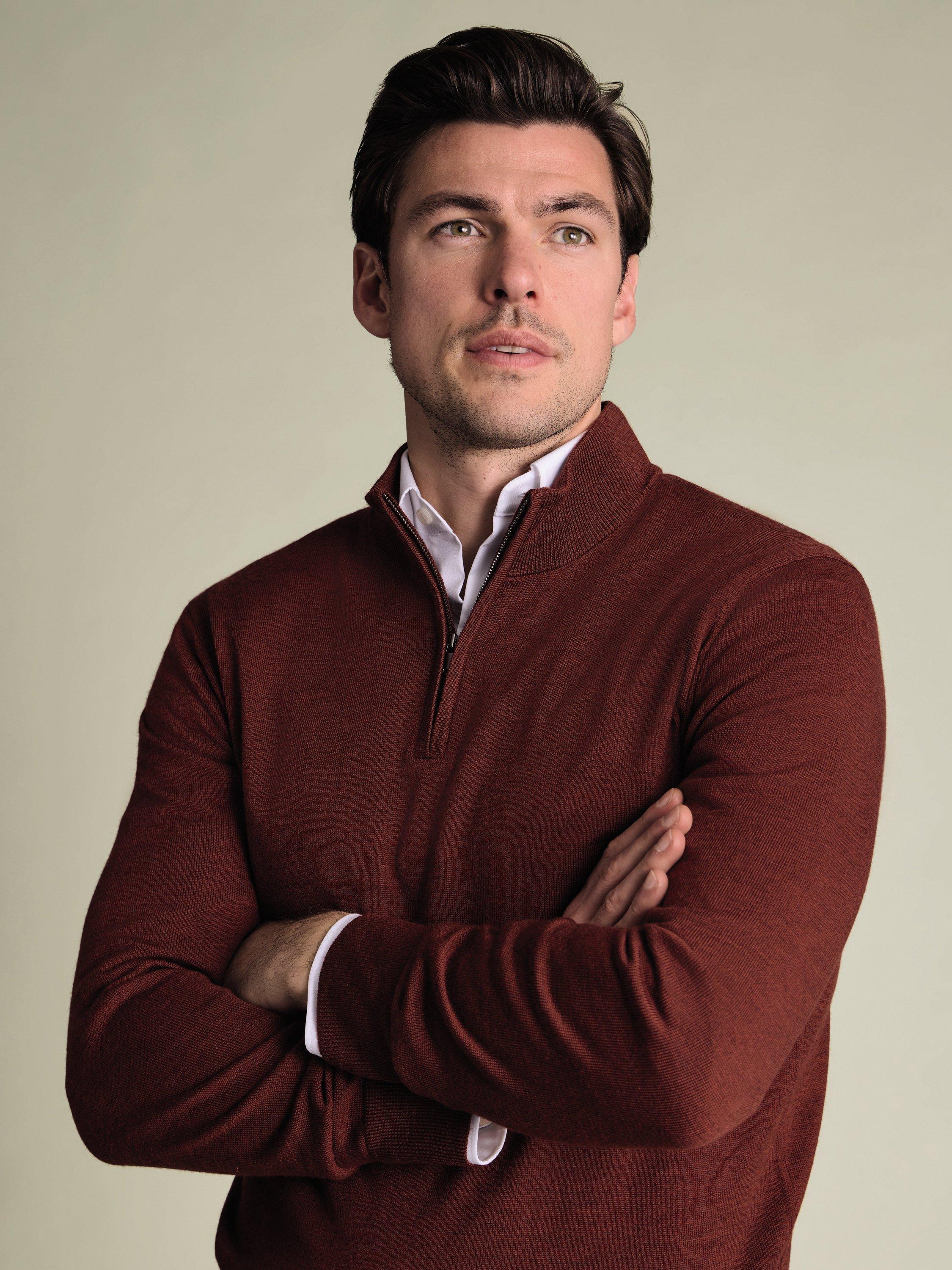Product image 2 of 5, which shows Charles Tyrwhitt Merino Wool Quarter-Zip Jumper, Burnt Orange, S