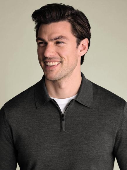 Charles Tyrwhitt Merino Wool Zip-Neck Knitted Polo Shirt - view 2, Grey