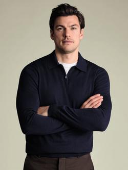 Charles Tyrwhitt Merino Wool Zip-Neck Knitted Polo Shirt, Navy