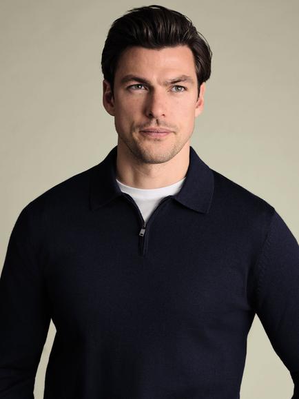 Charles Tyrwhitt Merino Wool Zip-Neck Knitted Polo Shirt - view 2, Navy