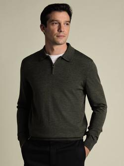 Charles Tyrwhitt Merino Wool Zip-Neck Knitted Polo Shirt, Olive Green