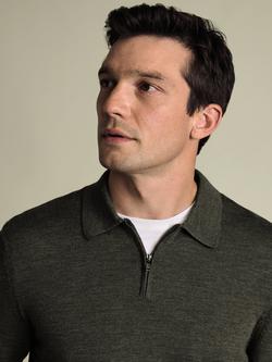 Charles Tyrwhitt Merino Wool Zip-Neck Knitted Polo Shirt - view 2, Olive Green