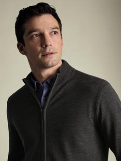 Charles Tyrwhitt Merino Wool Zipped Cardigan, Grey - view 2, Grey