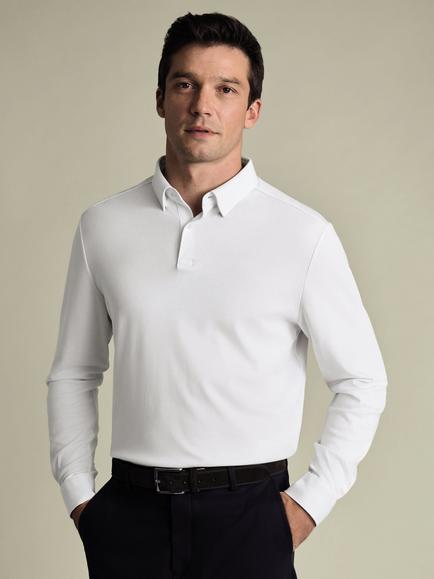 Charles Tyrwhitt Refined Cotton Regular Fit Long Sleeve Polo Shirt, White