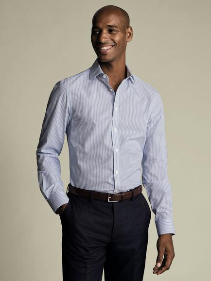 Charles Tyrwhitt Slim Fit Non-Iron Burlington Weave Stripe Cotton Shirt, Mid Blue, Mid Blue