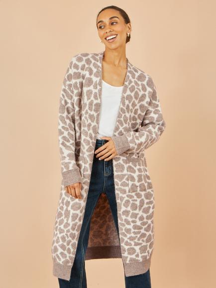 Yumi Animal Print Longline Cardigan, Beige
