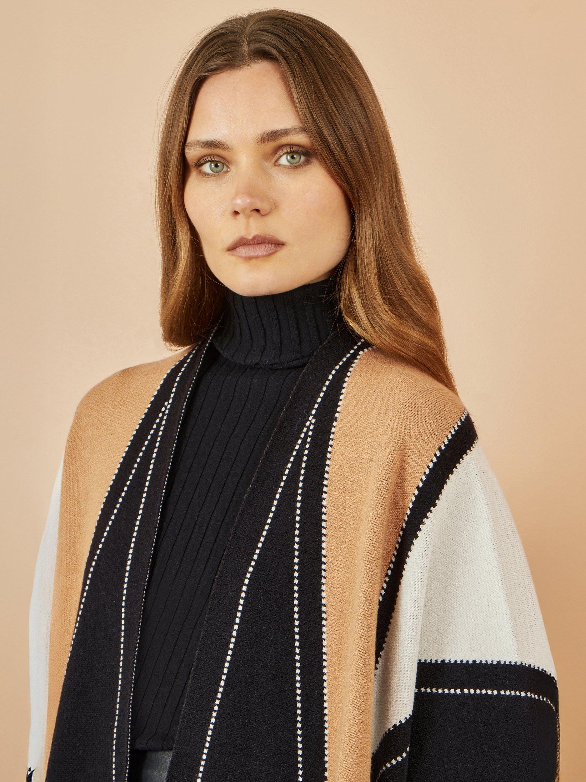 Product image 3 of 4, which shows Yumi Colour Block Knit Cape, Brown, One Size