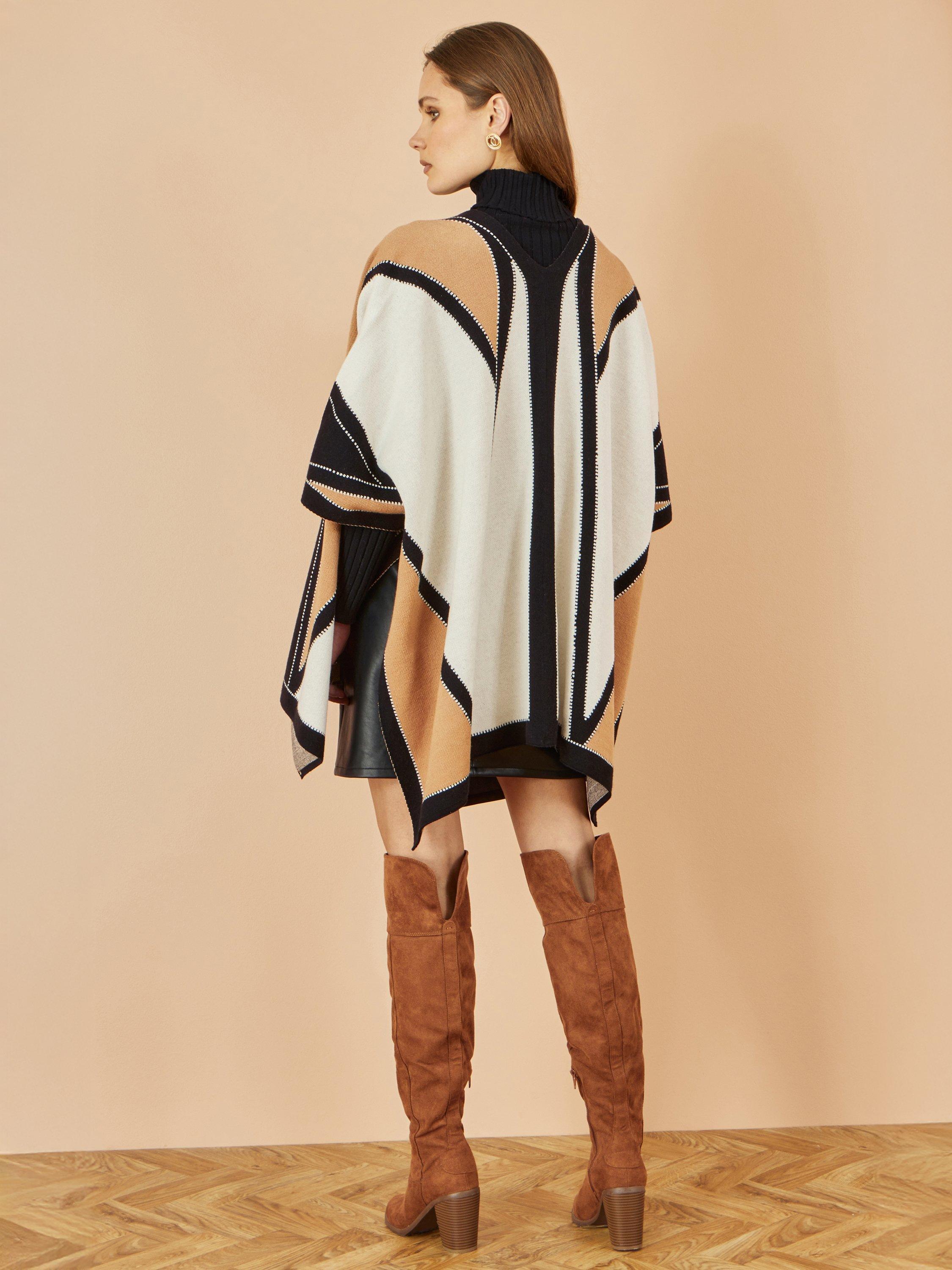 Product image 4 of 4, which shows Yumi Colour Block Knit Cape, Brown, One Size