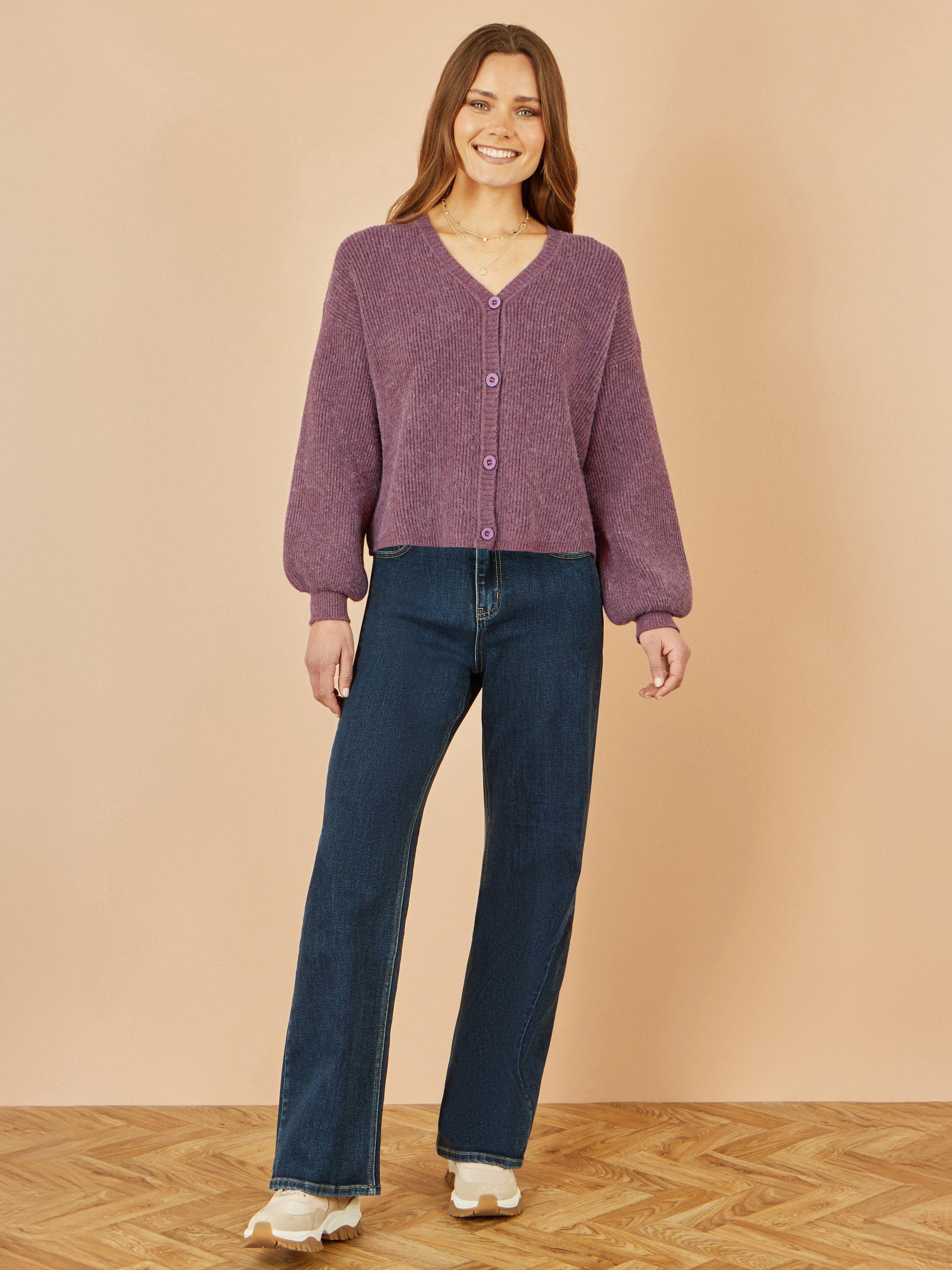Product image 2 of 5, which shows Yumi V Neck Chunky Cardigan, Purple, S
