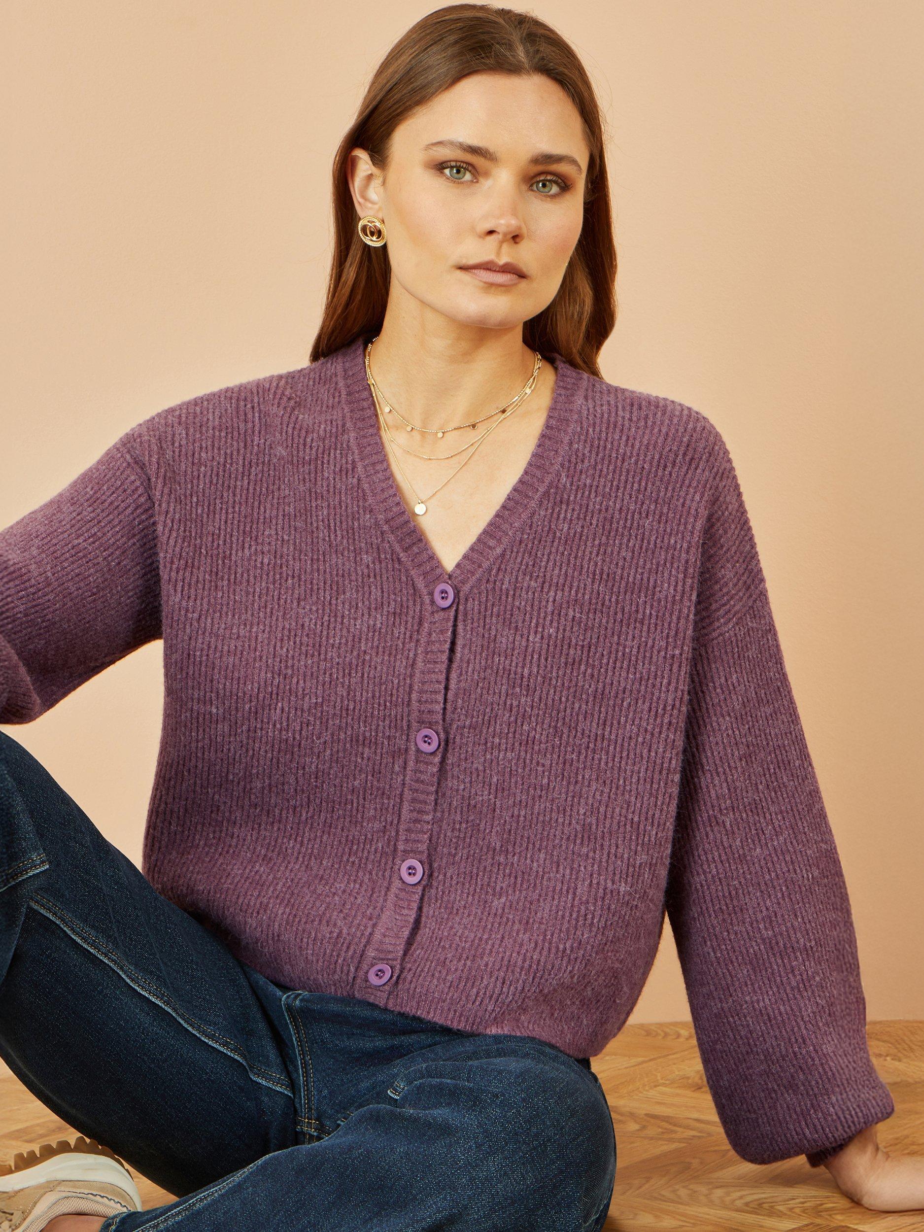 Product image 4 of 5, which shows Yumi V Neck Chunky Cardigan, Purple, S