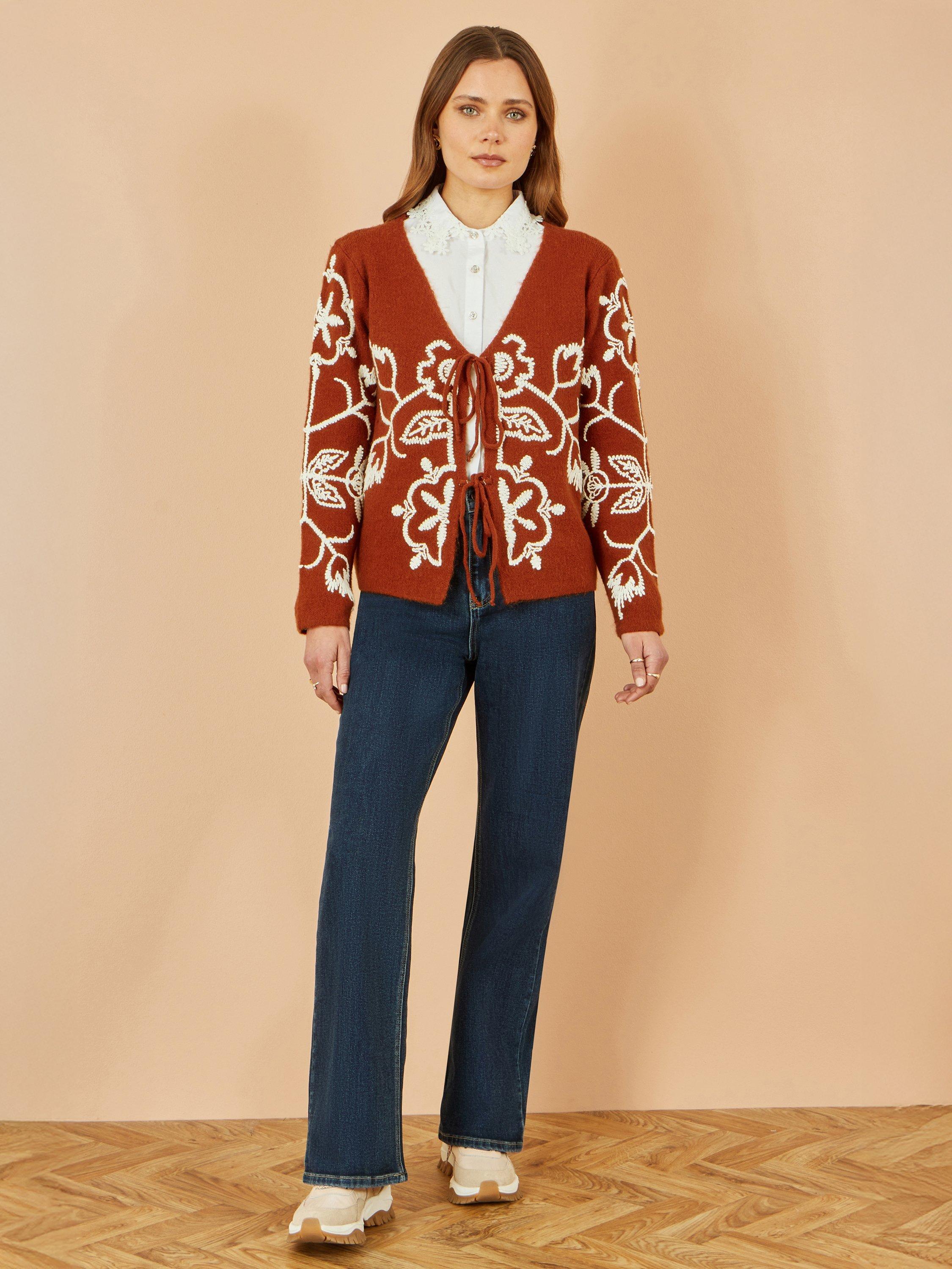 Product image 2 of 5, which shows Yumi Floral Embroidered Tie Front Cardigan, Brown, S