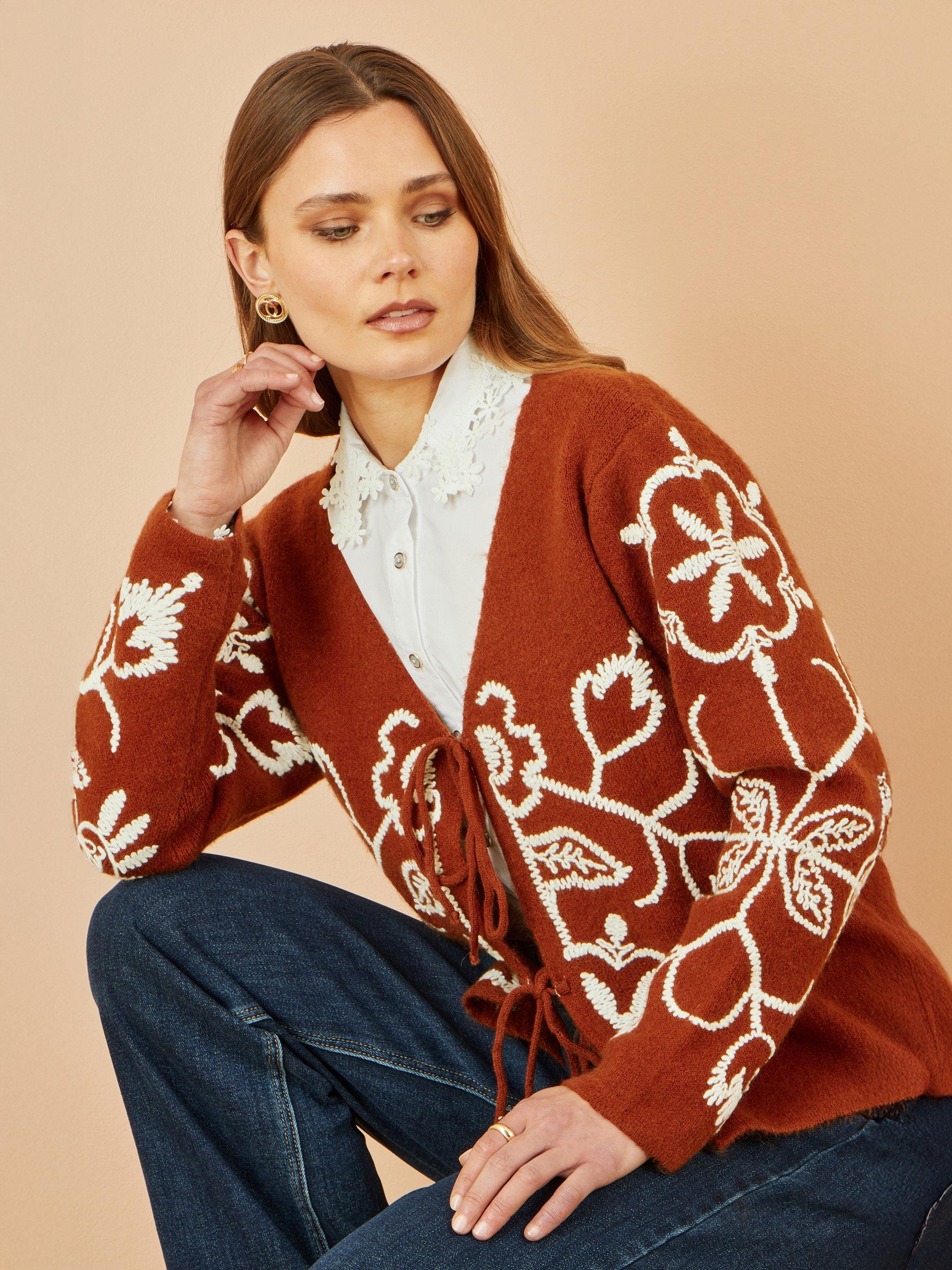 Product image 3 of 5, which shows Yumi Floral Embroidered Tie Front Cardigan, Brown, S