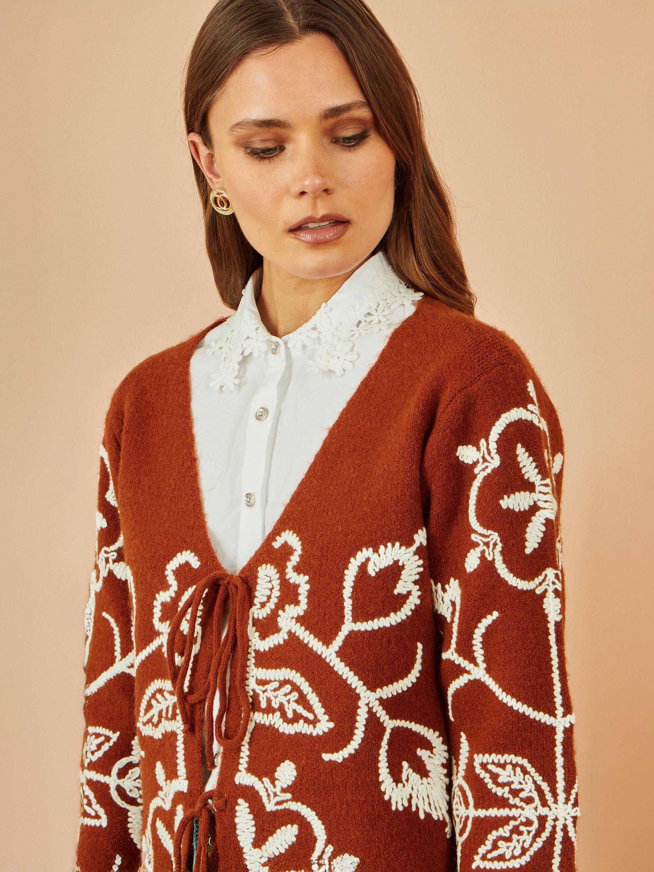 Product image 4 of 5, which shows Yumi Floral Embroidered Tie Front Cardigan, Brown, S