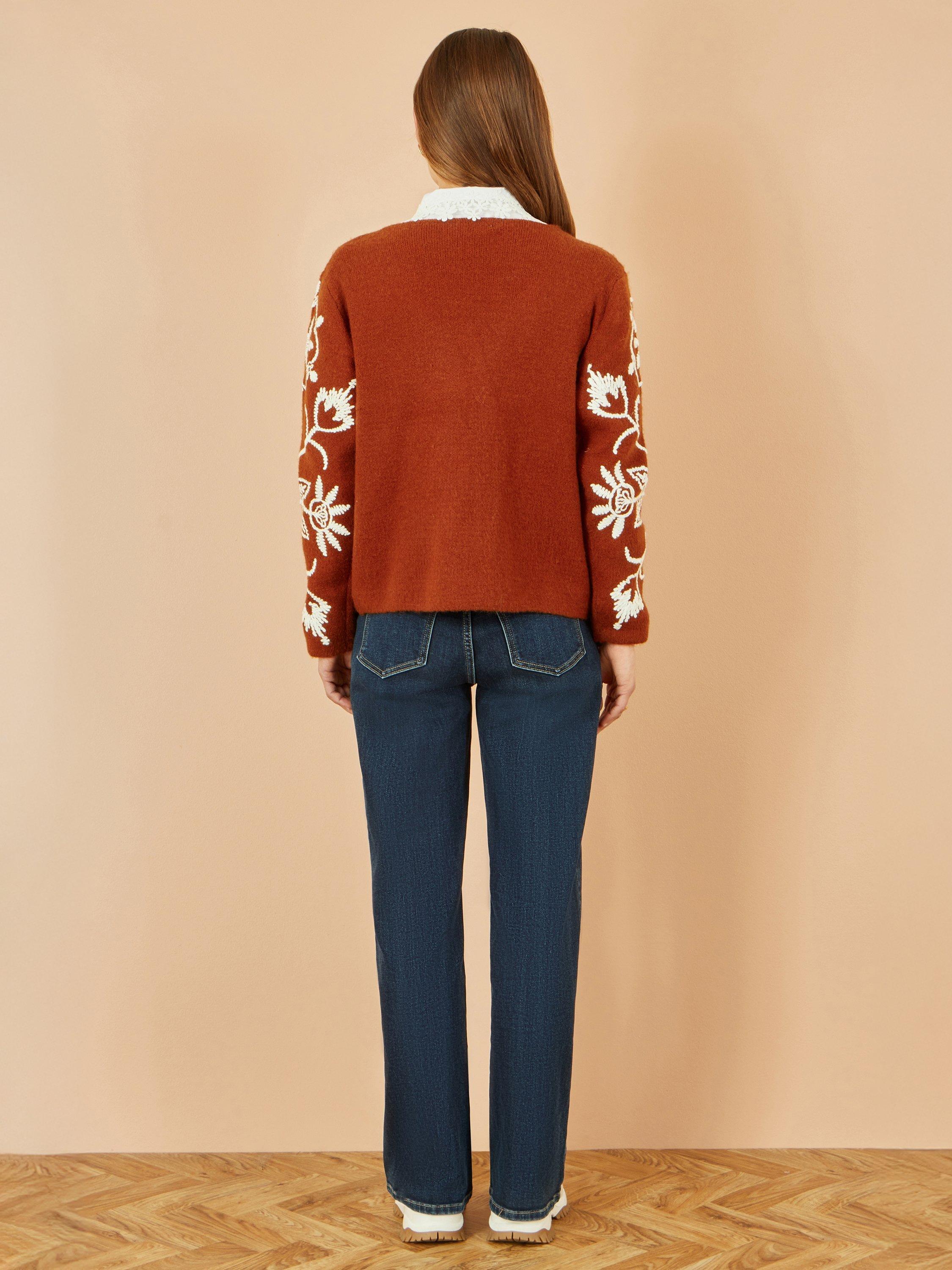 Product image 5 of 5, which shows Yumi Floral Embroidered Tie Front Cardigan, Brown, S