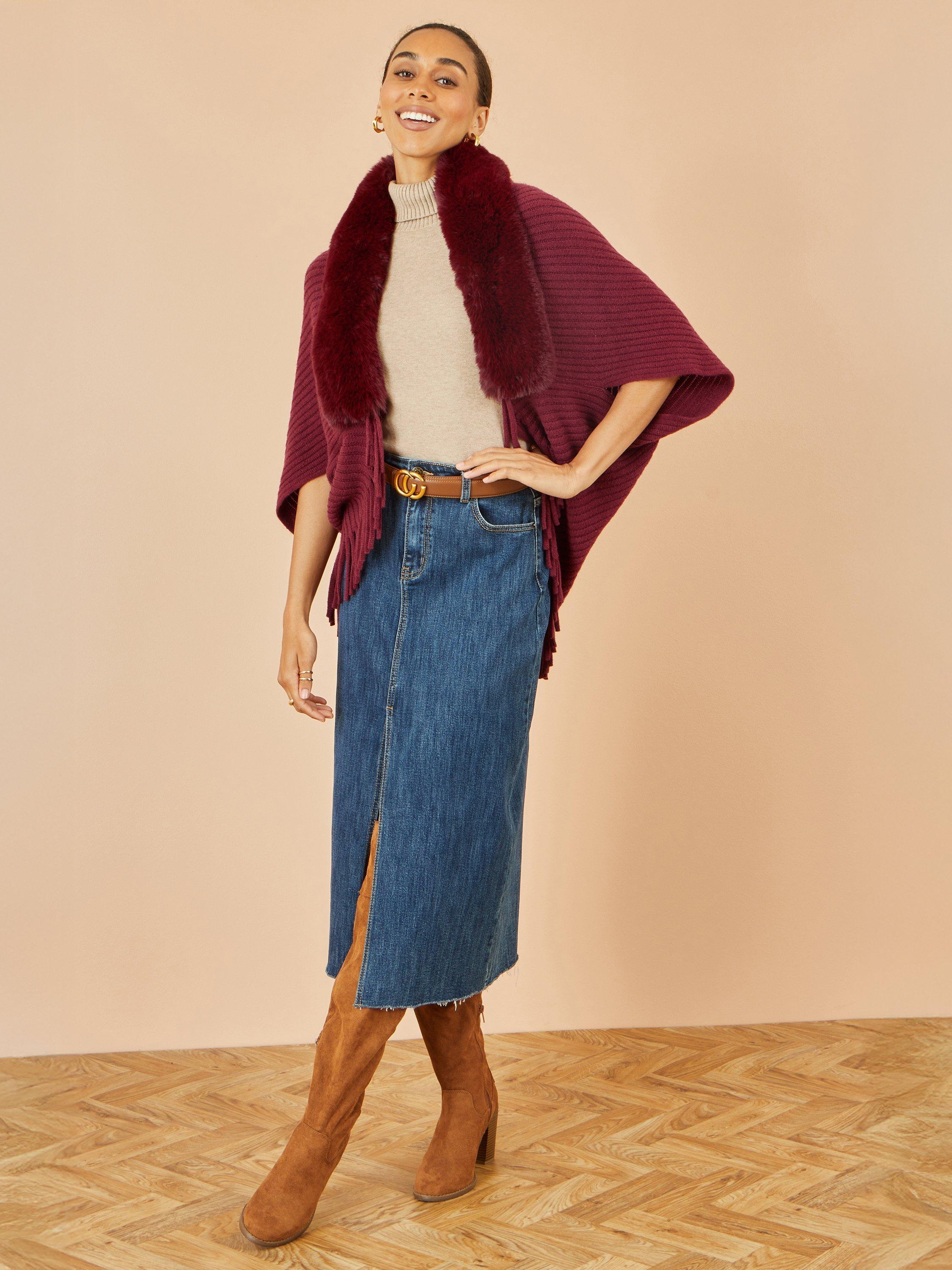 Yumi Faux Fur Open Neck Collar Knit Shrug, Burgundy