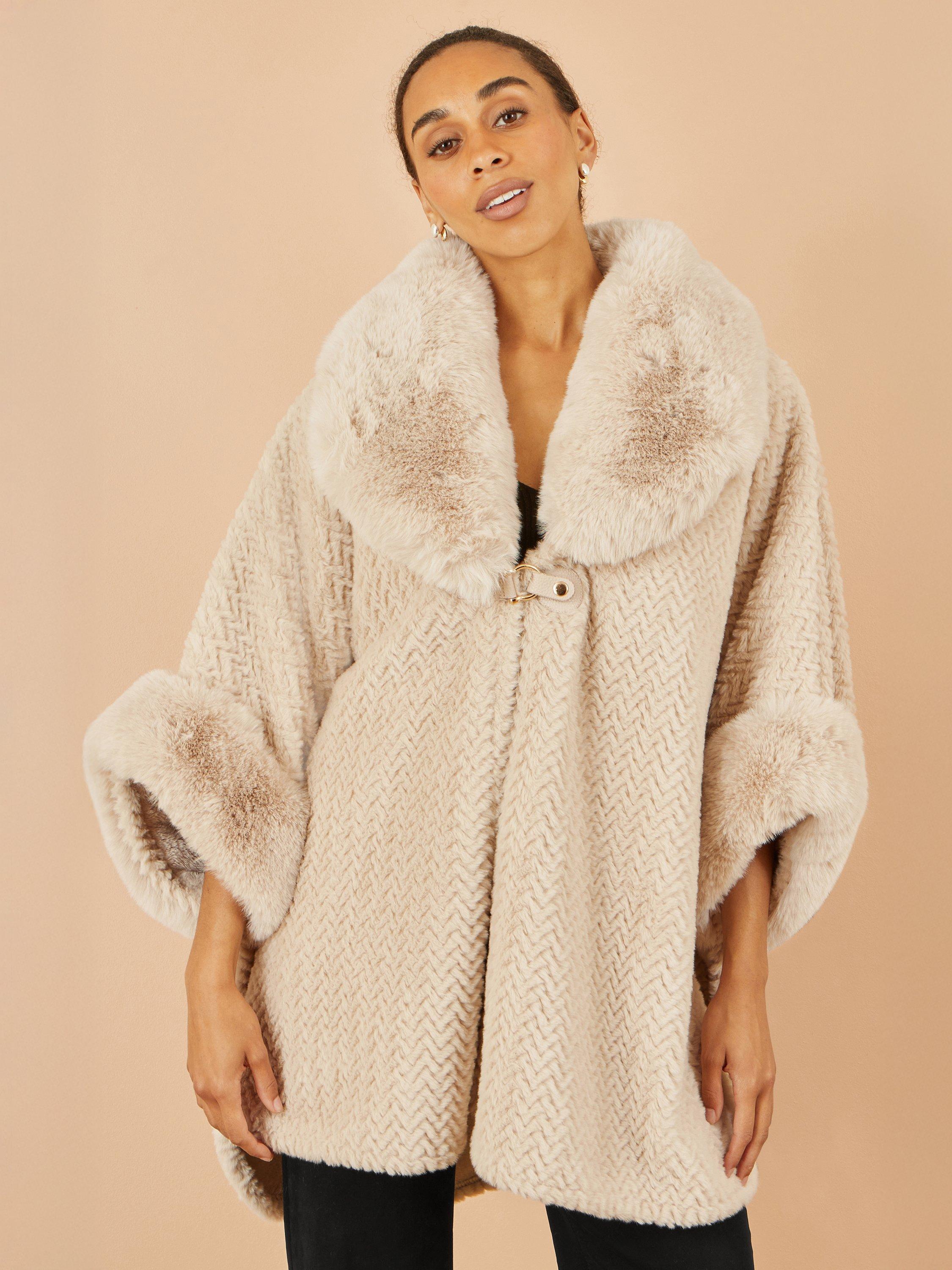 Product image 1 of 4, which shows Yumi Textured Fur Lined Cape, Beige, S-M