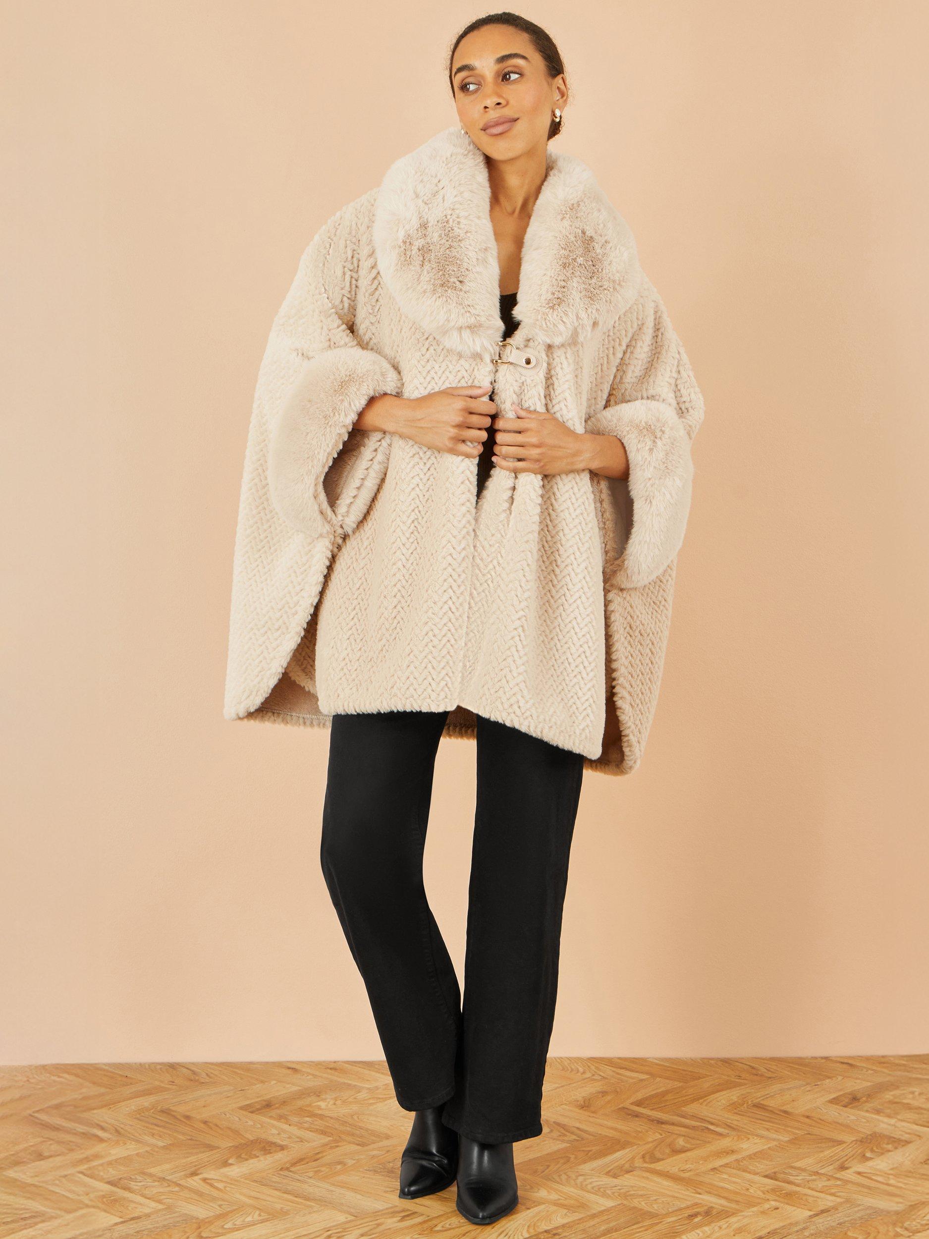 Product image 2 of 4, which shows Yumi Textured Fur Lined Cape, Beige, S-M