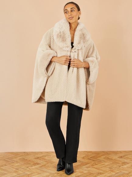 Yumi Textured Fur Lined Cape - view 2, Beige