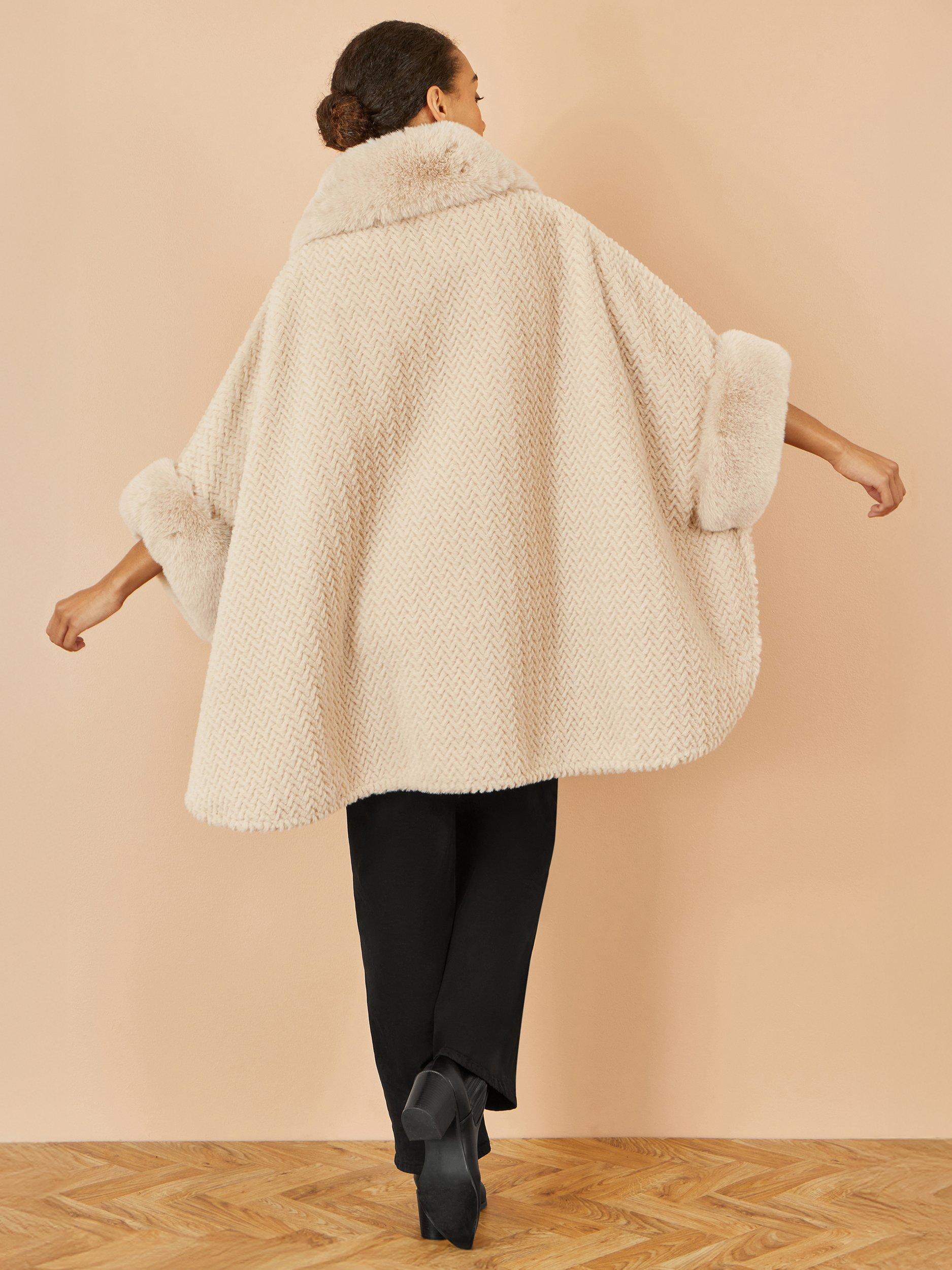 Product image 4 of 4, which shows Yumi Textured Fur Lined Cape, Beige, S-M
