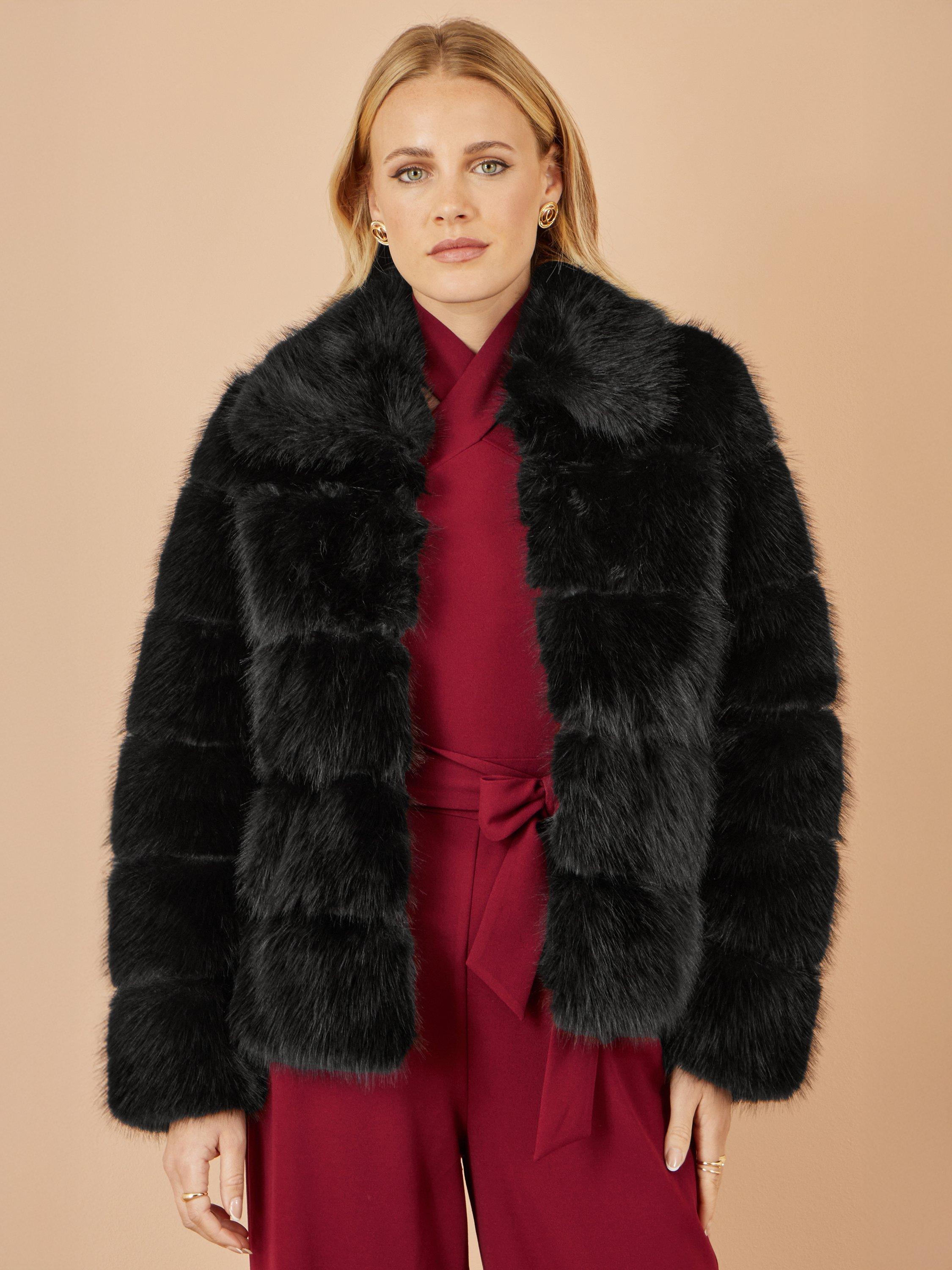 Product image 1 of 4, which shows Yumi Luxe Collar Faux Fur Coat, Black, 8