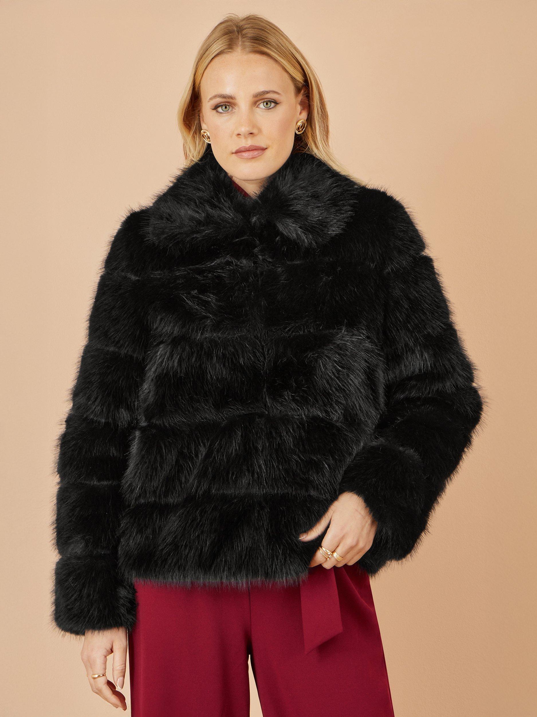 Product image 3 of 4, which shows Yumi Luxe Collar Faux Fur Coat, Black, 8