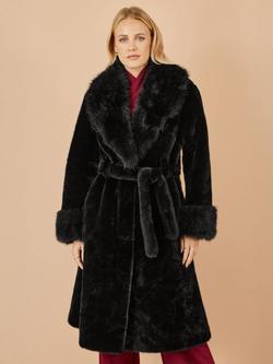 Yumi Wrap Faux Fur Collar Longline Coat, Black