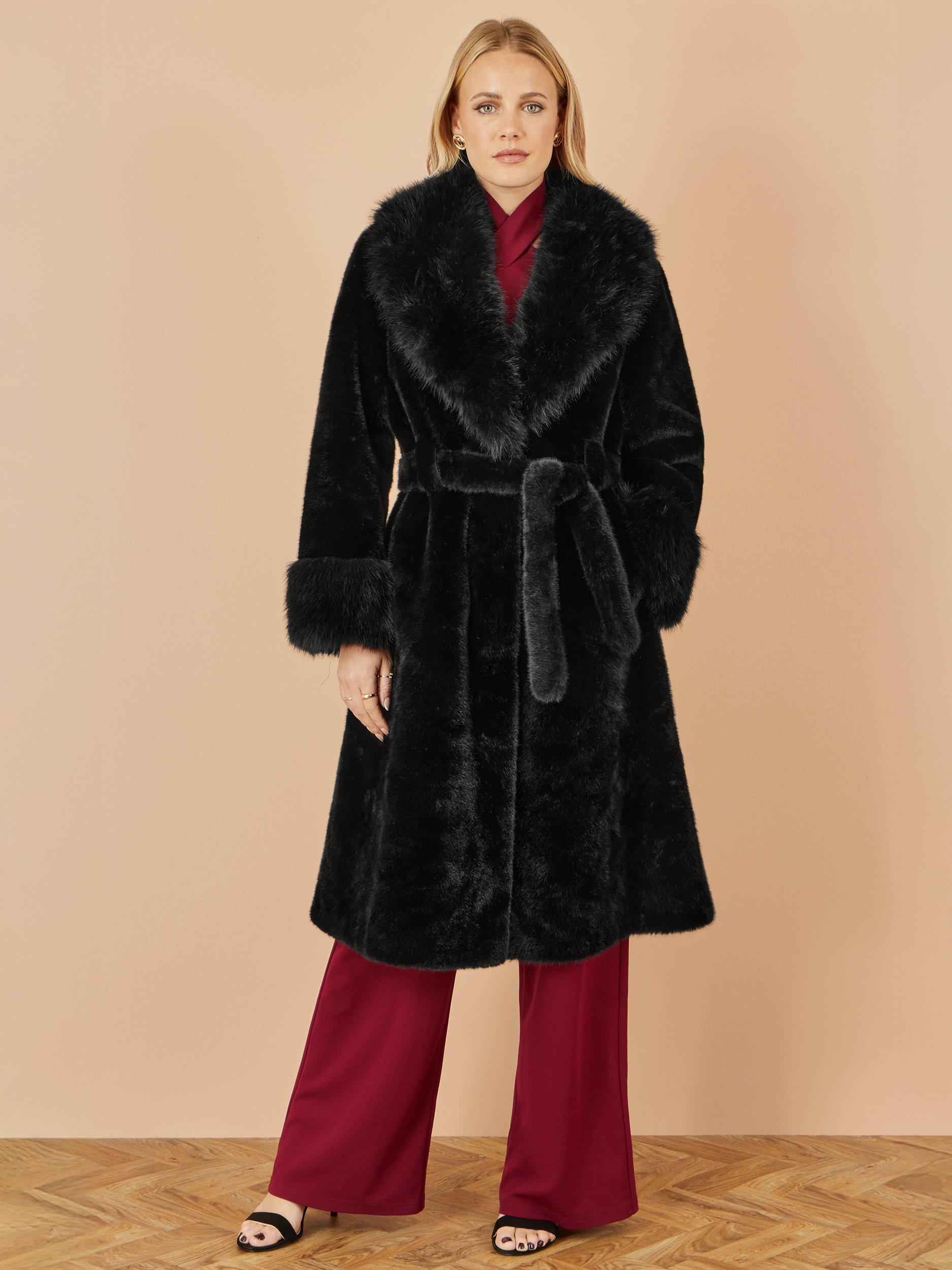 Product image 2 of 4, which shows Yumi Wrap Faux Fur Collar Longline Coat, Black, S