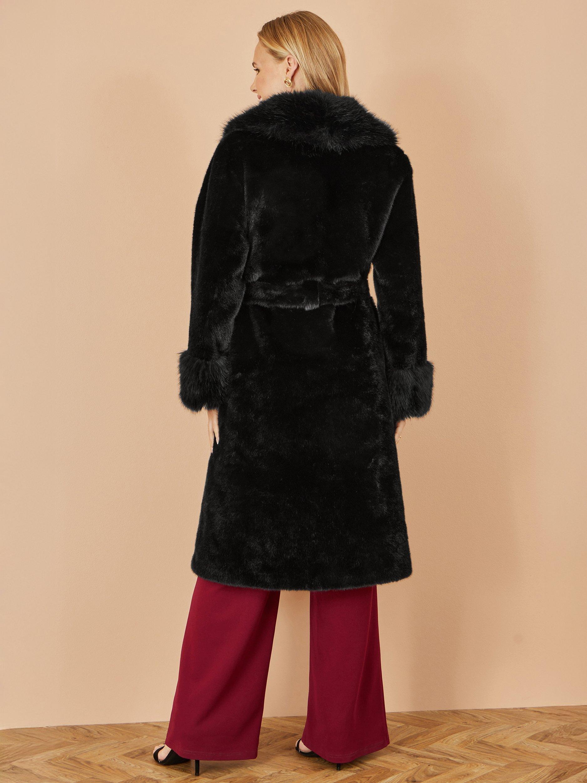 Product image 4 of 4, which shows Yumi Wrap Faux Fur Collar Longline Coat, Black, S
