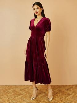 Yumi Velvet Midi Dress - view 2, Burgundy