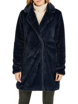 Yumi Faux Fur Collar Longline Coat, Navy