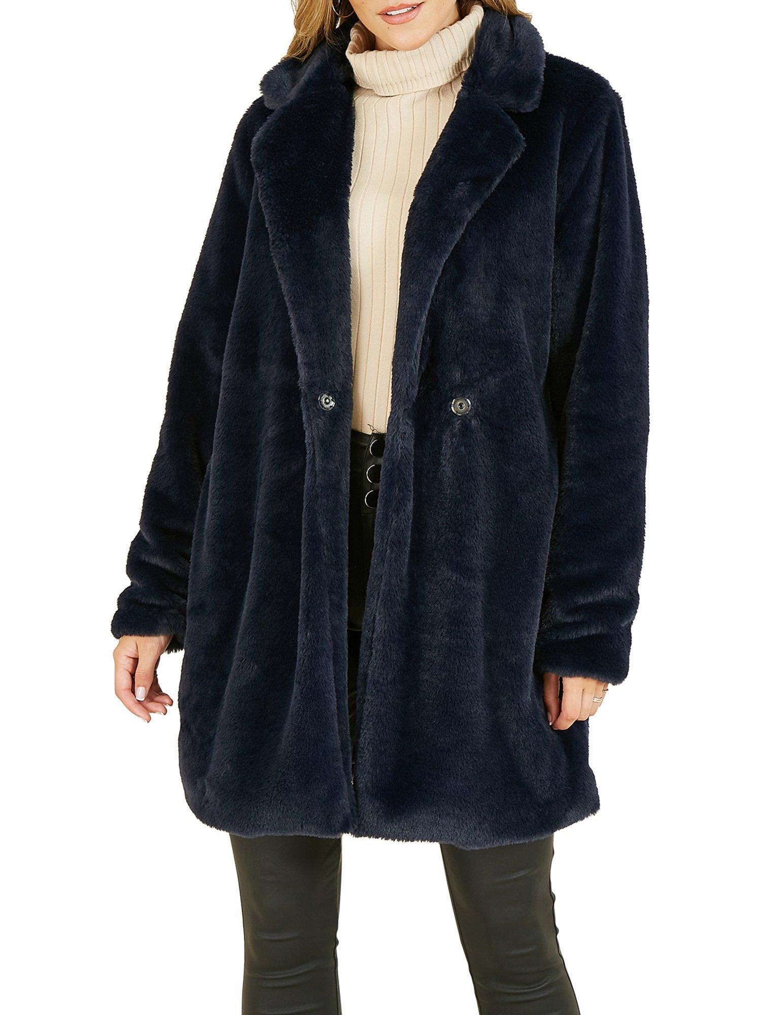 Product image 2 of 4, which shows Yumi Faux Fur Collar Longline Coat, Navy, 8