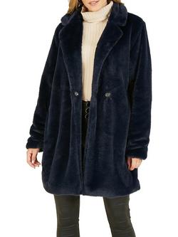 Yumi Faux Fur Collar Longline Coat - view 2, Navy