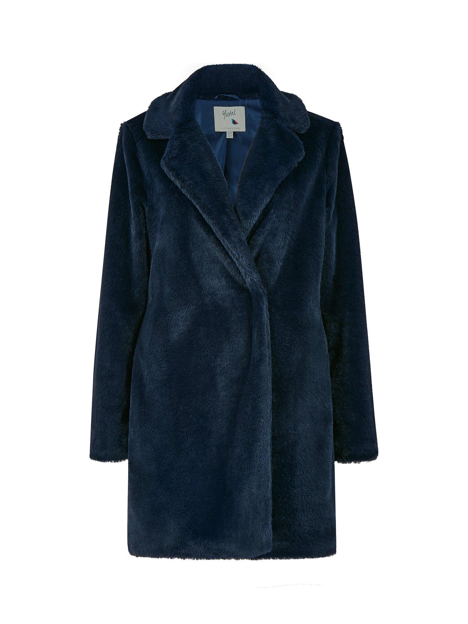 Product image 4 of 4, which shows Yumi Faux Fur Collar Longline Coat, Navy, 8