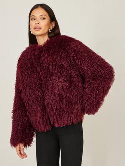 Yumi Luxe Fluffy Faux Fur Coat, Burgundy, Burgundy