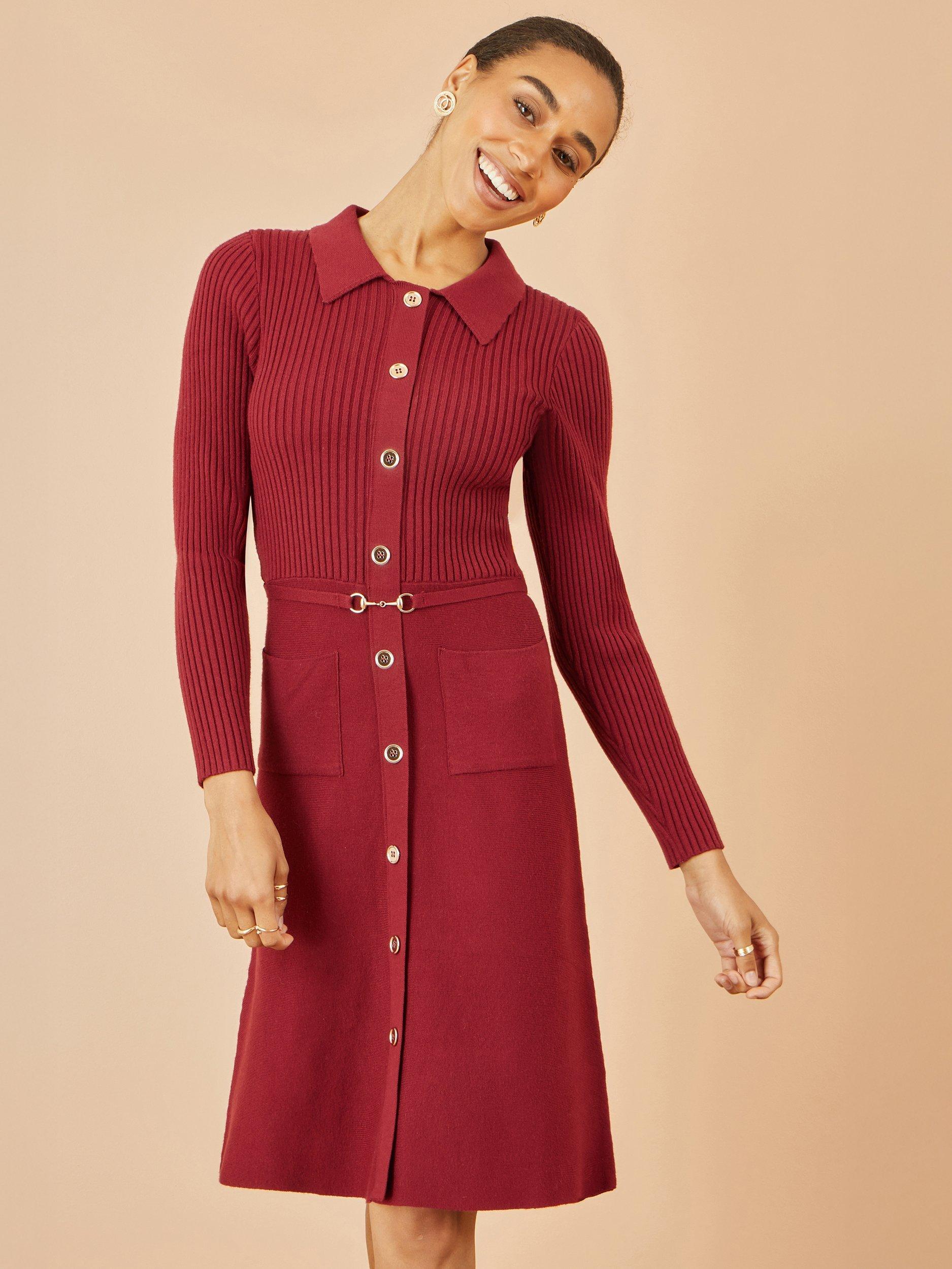 Product image 1 of 5, which shows Yumi Long Sleeve Round Neck Midi Dress, Burgundy, S