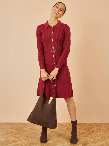 Yumi Long Sleeve Round Neck Midi Dress - view 2, Burgundy