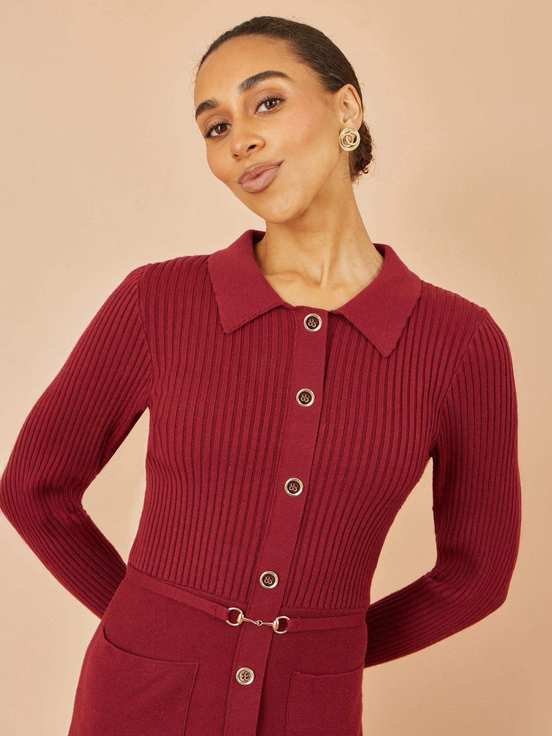 Product image 3 of 5, which shows Yumi Long Sleeve Round Neck Midi Dress, Burgundy, S