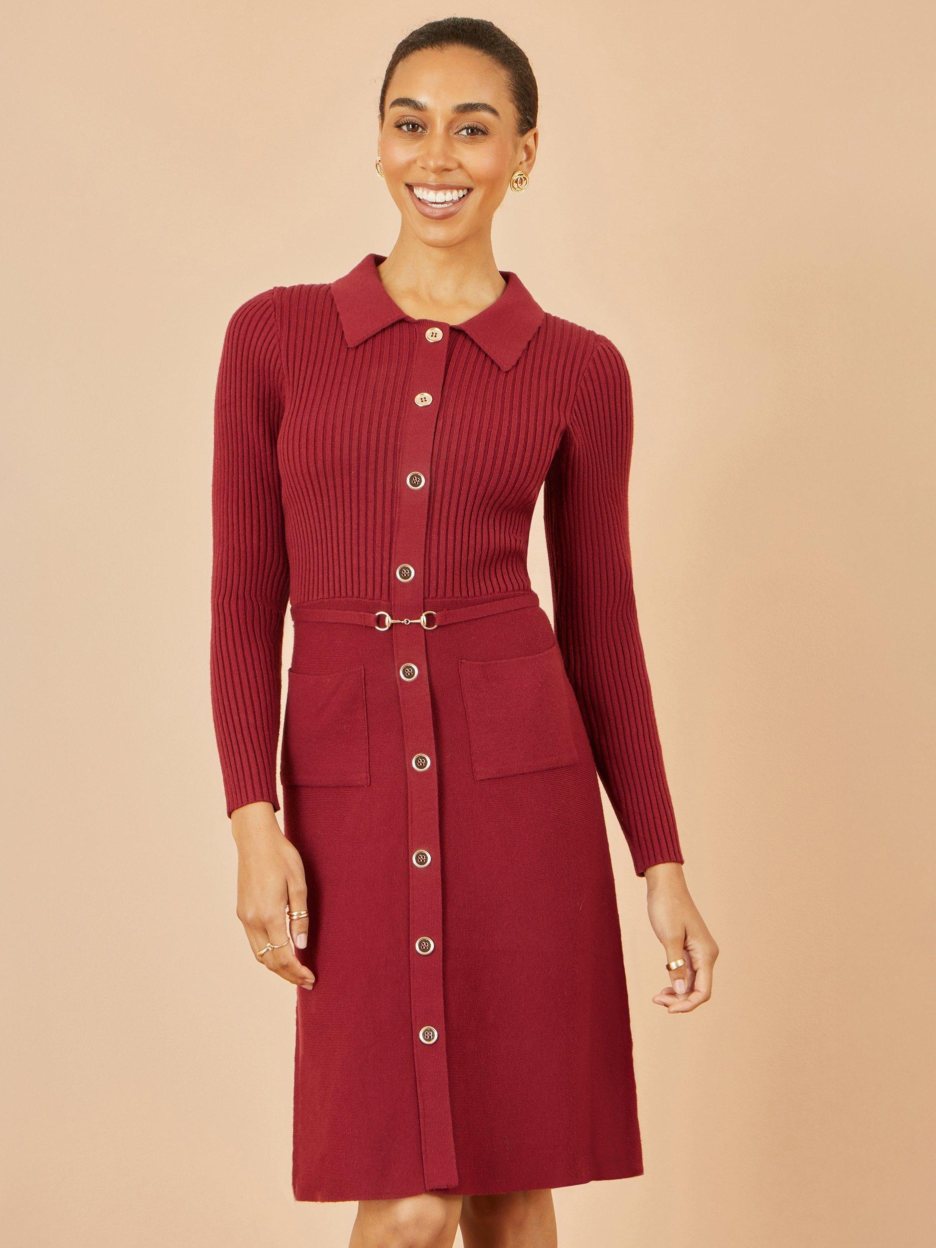 Product image 4 of 5, which shows Yumi Long Sleeve Round Neck Midi Dress, Burgundy, S