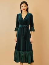 Ghost Kimberley Velvet V-Neck Midi Dress, Green, M